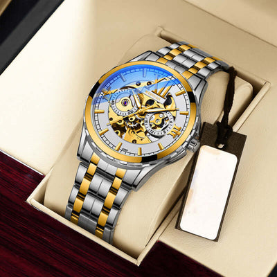 Men's Fashion Personality Hollow Luminous Waterproof watch with gold case and brown leather strap
