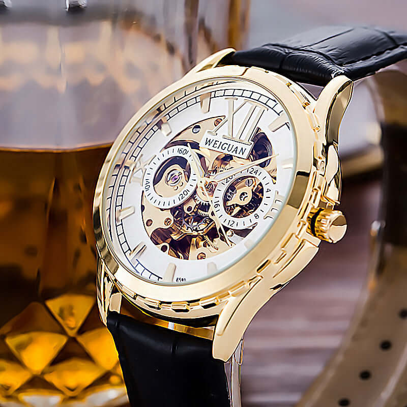 Men's Fashion Personality Hollow Luminous Waterproof watch with gold case and black leather strap