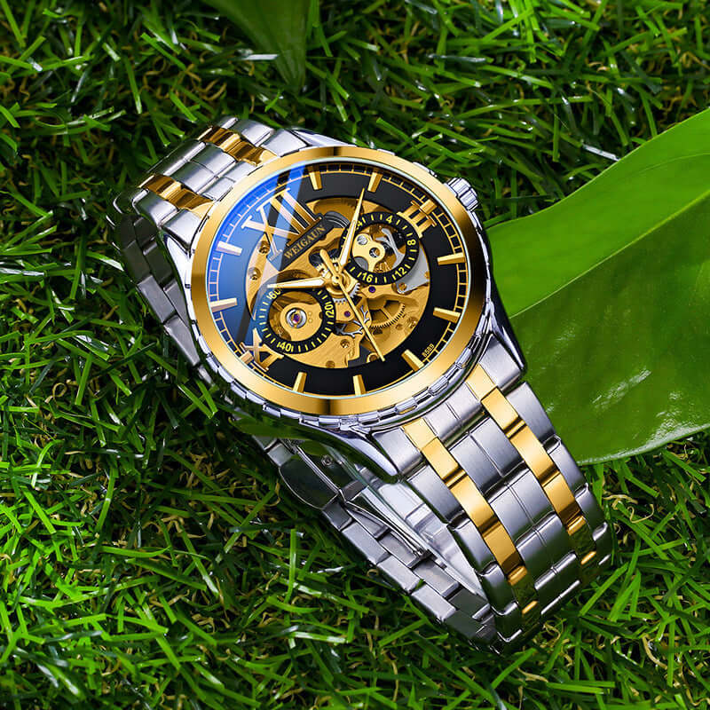 Men's Fashion Personality Hollow Luminous Waterproof watch with gold case and brown leather strap