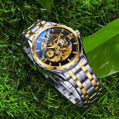 Men's Fashion Personality Hollow Luminous Waterproof watch with gold case and brown leather strap