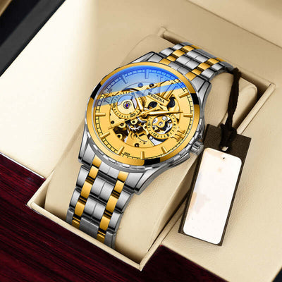Men's Fashion Personality Hollow Luminous Waterproof watch with gold case and brown leather strap