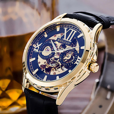 Men's Fashion Personality Hollow Luminous Waterproof watch with black leather strap and gold accents.