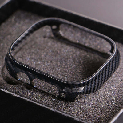 S8 Frosted Fiber Watches Bands showcased in a close-up image of a carbon fiber watch case with a bright black finish.
