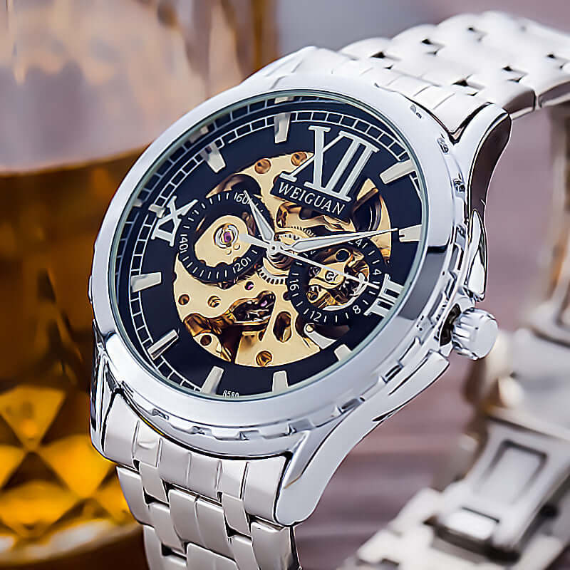 Men's Fashion Personality Hollow Luminous Waterproof watch with gold case and brown leather strap