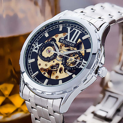 Men's Fashion Personality Hollow Luminous Waterproof watch with gold case and brown leather strap