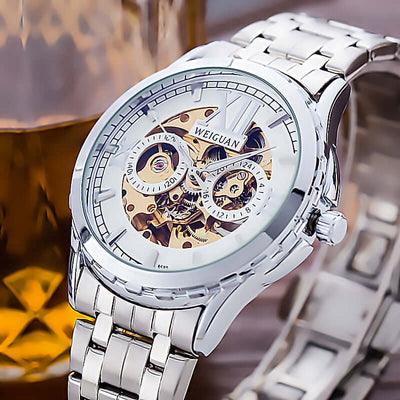 Men's Fashion Personality Hollow Luminous Waterproof watch with gold case and brown leather strap