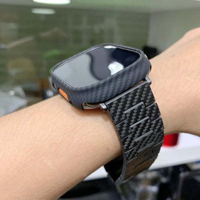 S8 Frosted Fiber Watches Bands displaying a carbon fiber strap on a wrist with a round watch face.
